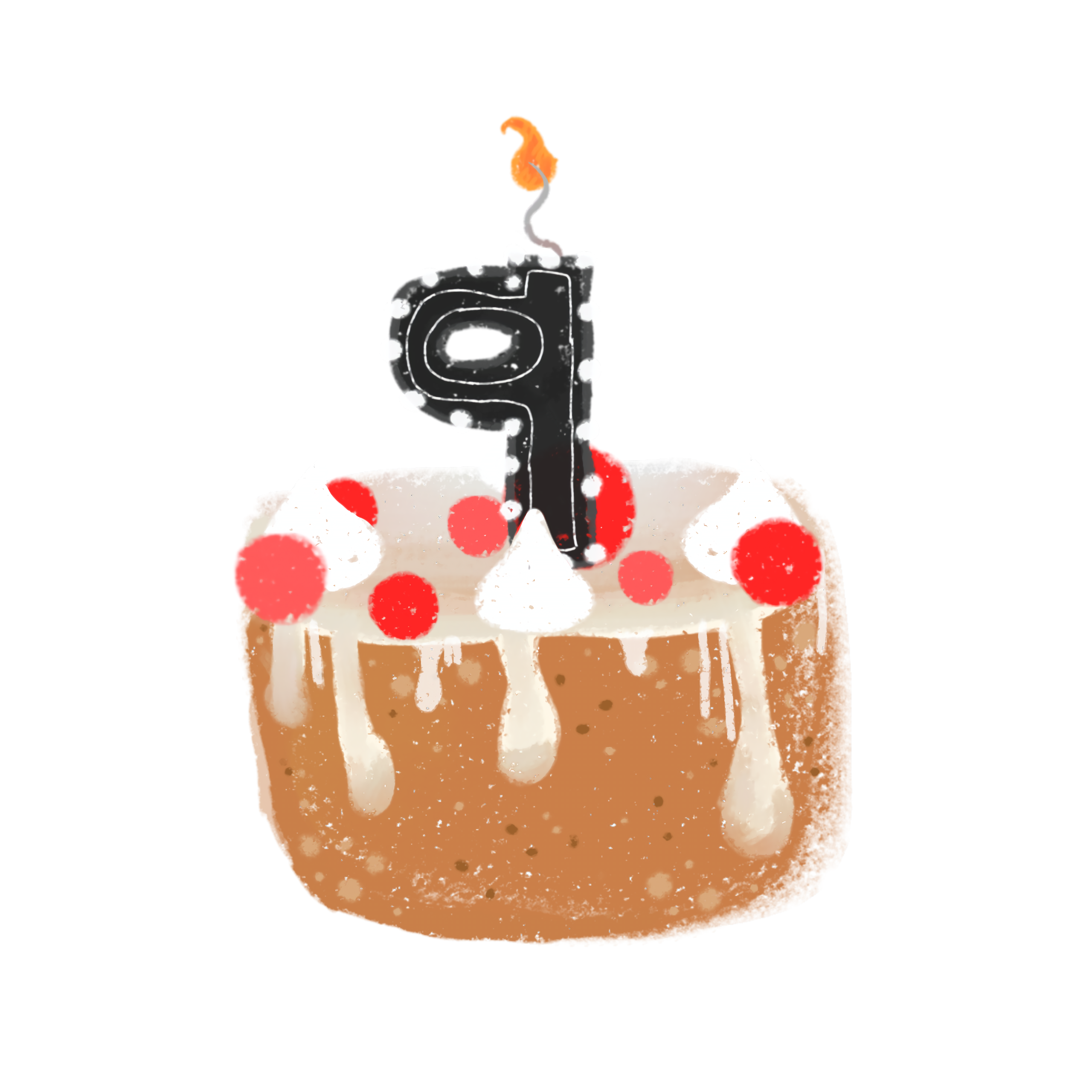 A drawn cake, inspired by Minecraft, is depicted. It has a brown base, topped with white frosting that drips down the sides. Scattered across the frosting are red cherries and small white swirls. A black number '9' candle is placed on top of the cake. 